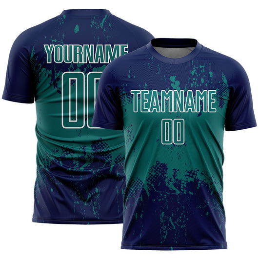 Custom Navy Teal-White Abstract Splatter Grunge Art Sports Sublimation Soccer Uniform Jersey - Main View