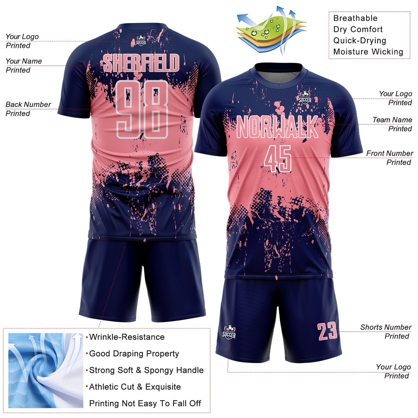 Custom Navy Medium Pink-White Abstract Splatter Grunge Art Sports Sublimation Soccer Uniform Jersey view 4