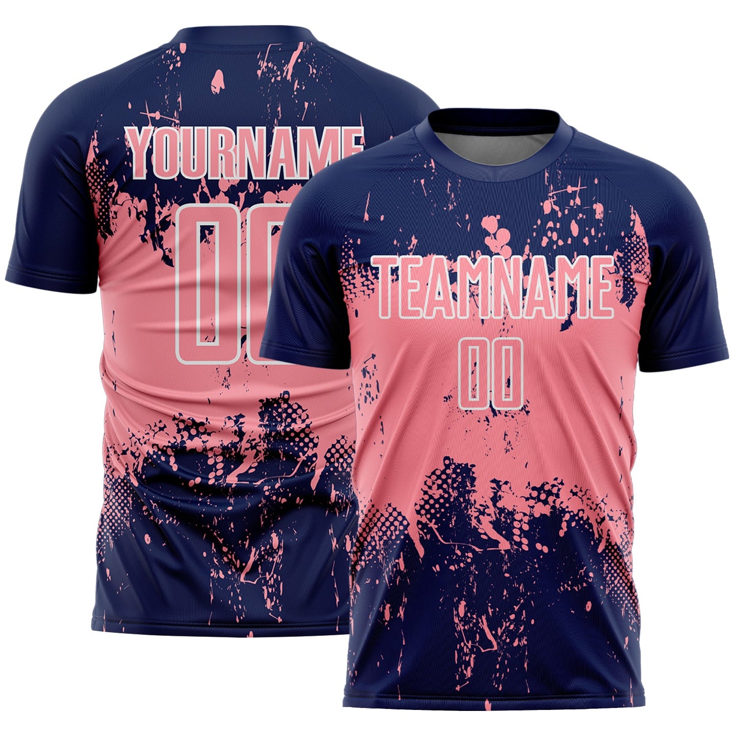 Custom Navy Medium Pink-White Abstract Splatter Grunge Art Sports Sublimation Soccer Uniform Jersey - Main View