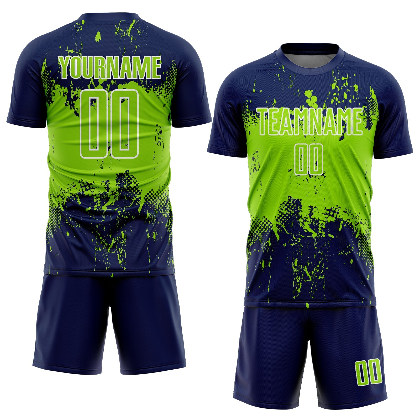 Custom Navy Neon Green-White Abstract Splatter Grunge Art Sports Sublimation Soccer Uniform Jersey view 2