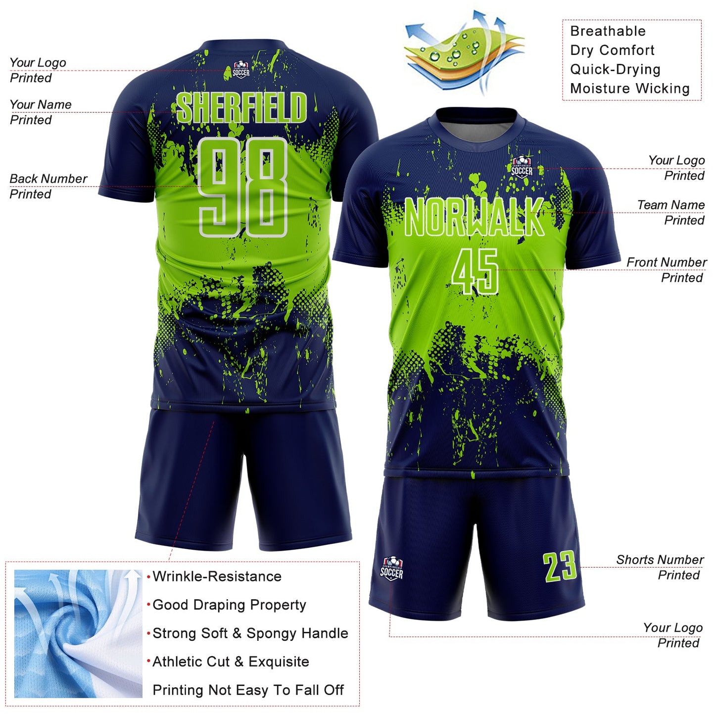 Custom Navy Neon Green-White Abstract Splatter Grunge Art Sports Sublimation Soccer Uniform Jersey view 4