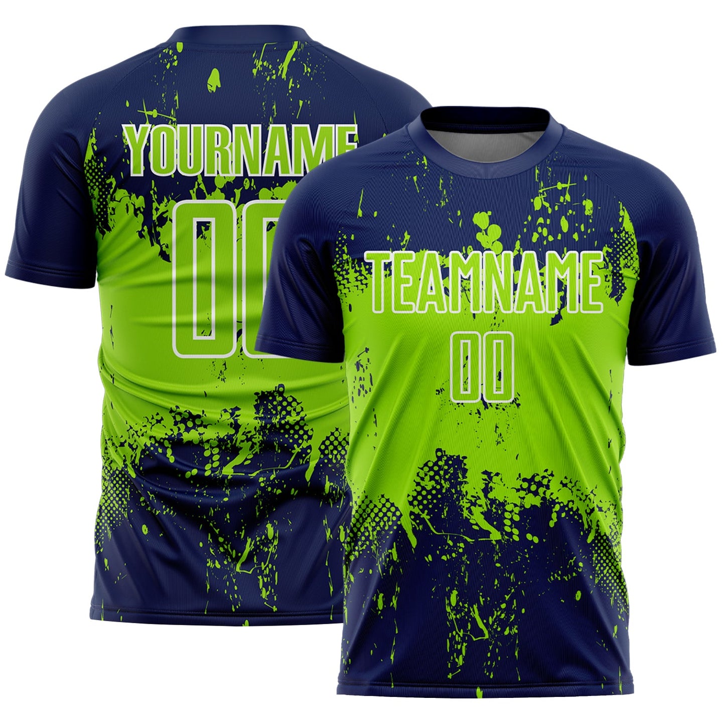 Custom Navy Neon Green-White Abstract Splatter Grunge Art Sports Sublimation Soccer Uniform Jersey - Main View