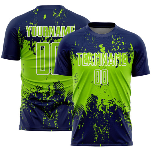 Custom Navy Neon Green-White Abstract Splatter Grunge Art Sports Sublimation Soccer Uniform Jersey - Main View
