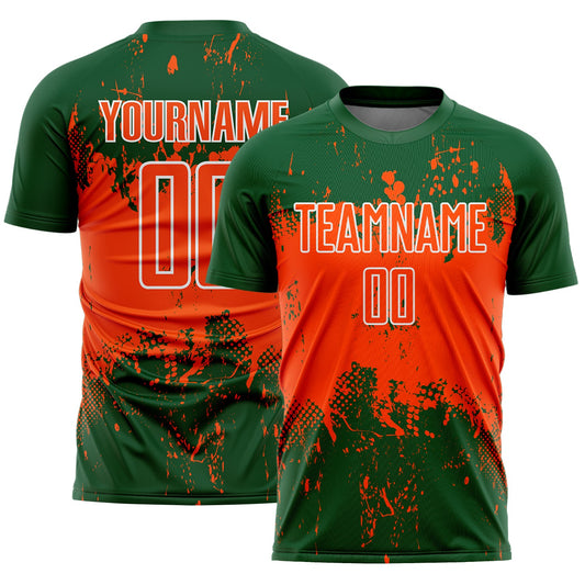 Custom Green Orange-White Abstract Splatter Grunge Art Sports Sublimation Soccer Uniform Jersey - Main View