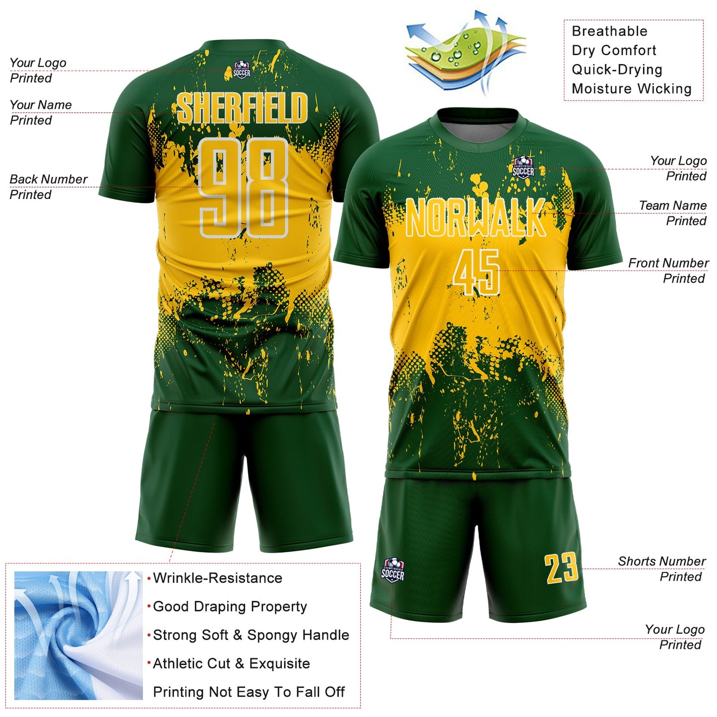Custom Green Yellow-White Abstract Splatter Grunge Art Sports Sublimation Soccer Uniform Jersey view 4