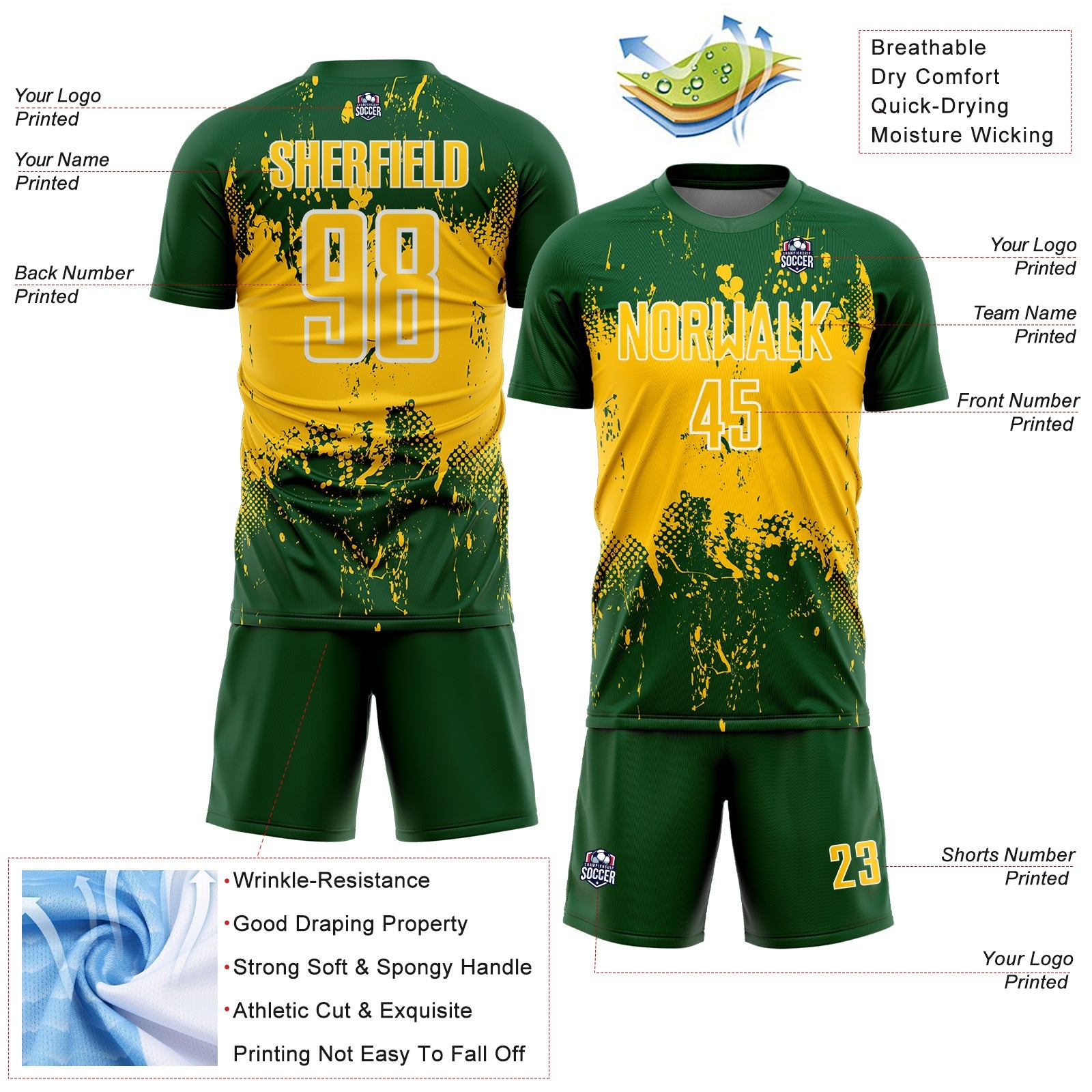 Custom Green Yellow-White Abstract Splatter Grunge Art Sports Sublimation Soccer Uniform Jersey view 4