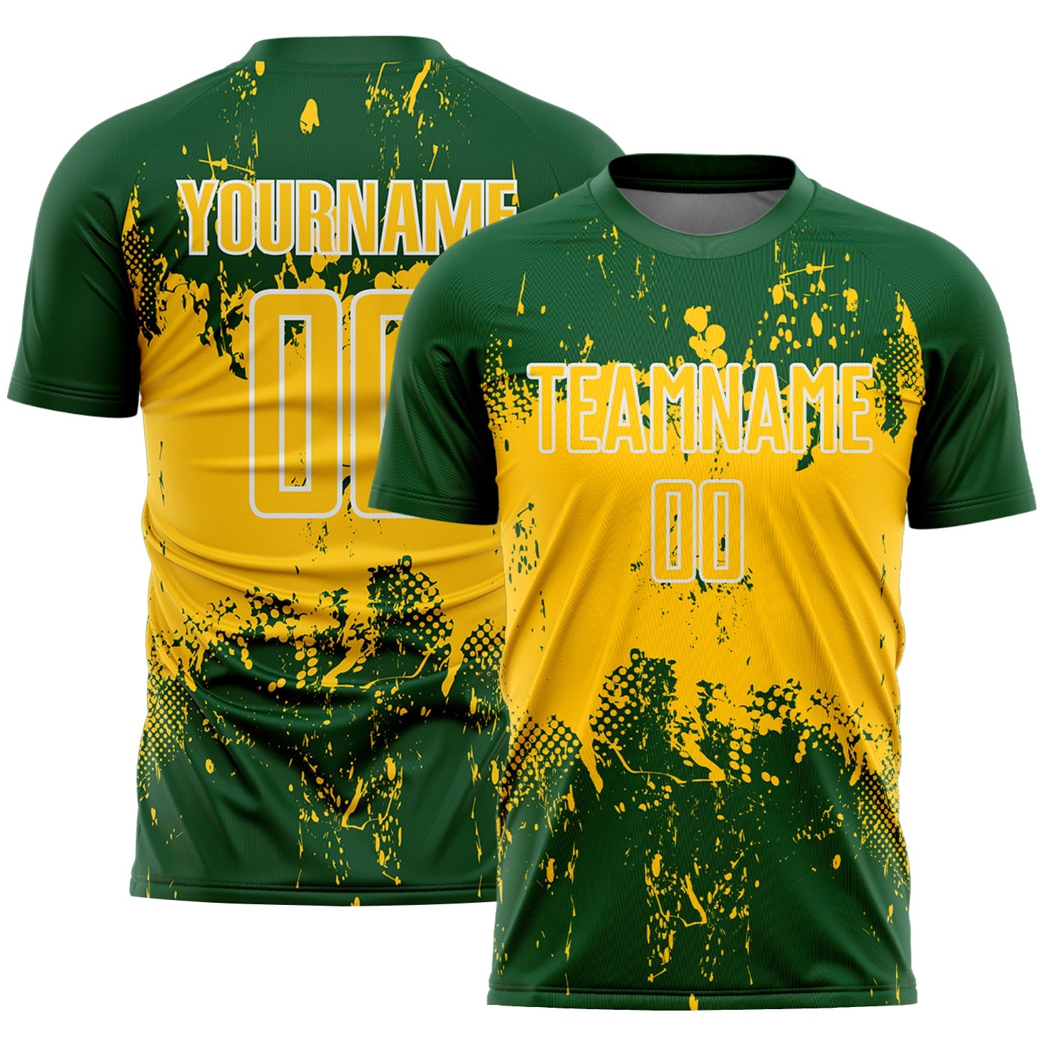 Custom Green Yellow-White Abstract Splatter Grunge Art Sports Sublimation Soccer Uniform Jersey - Main View