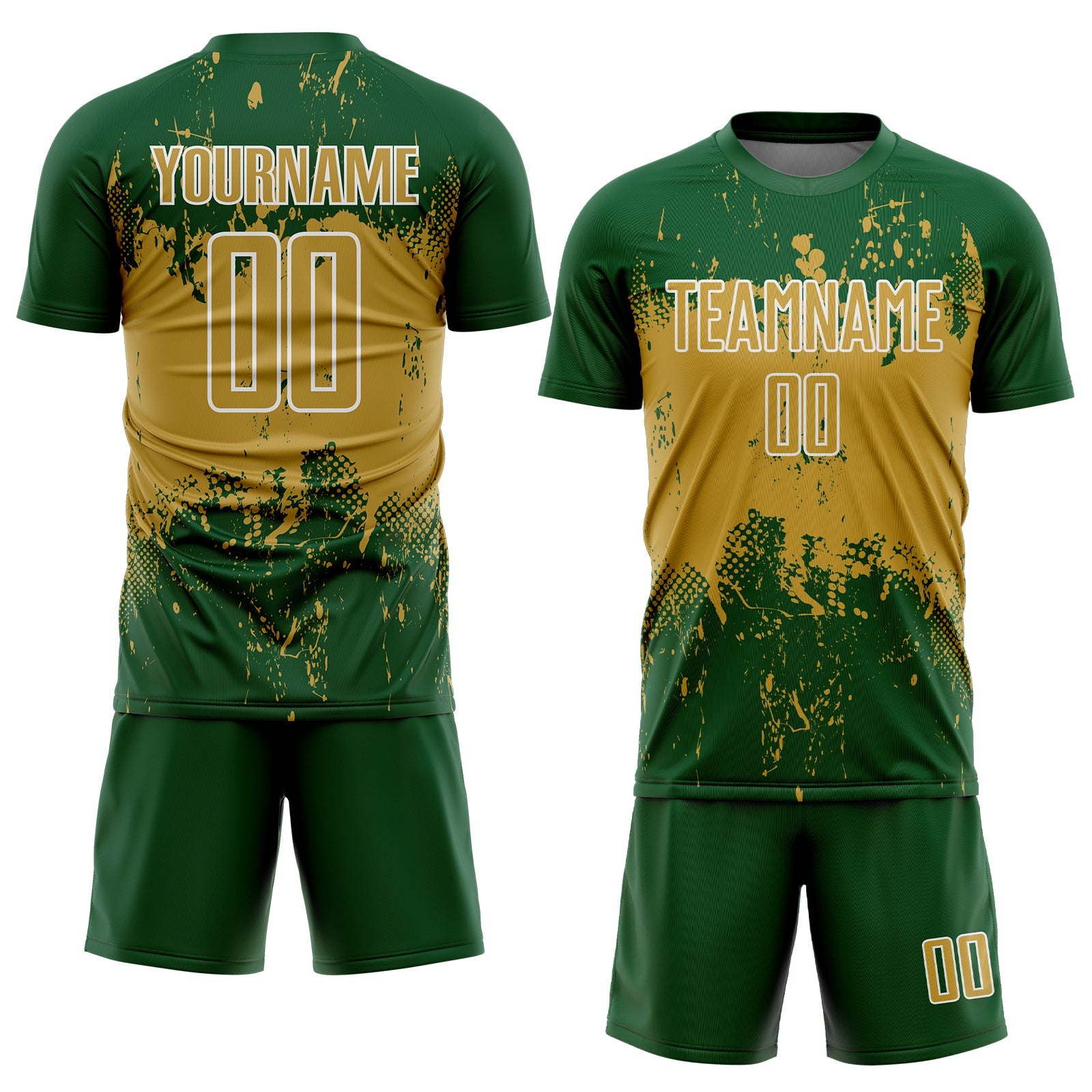 Custom Green Old Gold-White Abstract Splatter Grunge Art Sports Sublimation Soccer Uniform Jersey view 2