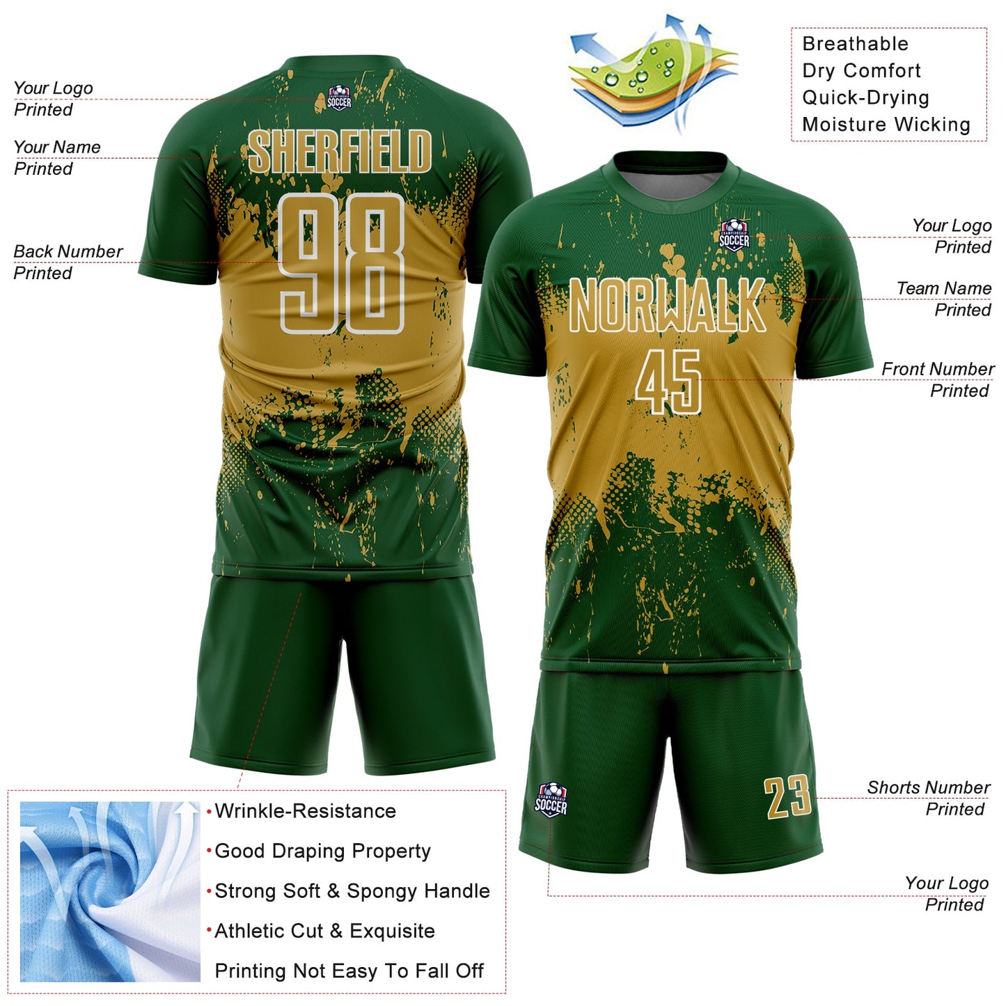 Custom Green Old Gold-White Abstract Splatter Grunge Art Sports Sublimation Soccer Uniform Jersey view 4