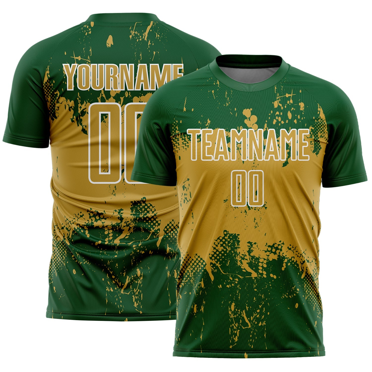 Custom Green Old Gold-White Abstract Splatter Grunge Art Sports Sublimation Soccer Uniform Jersey - Main View