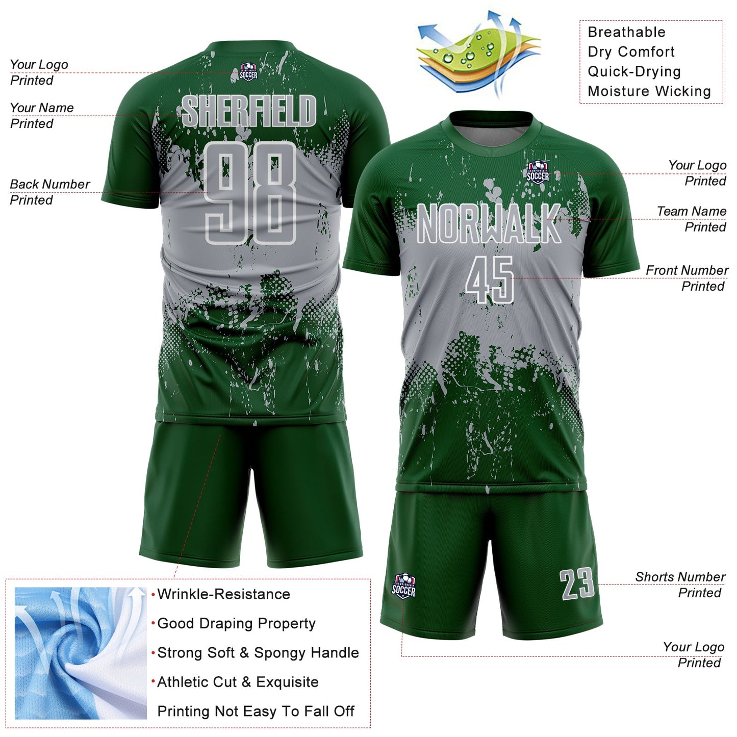 Custom Green Gray-White Abstract Splatter Grunge Art Sports Sublimation Soccer Uniform Jersey view 4