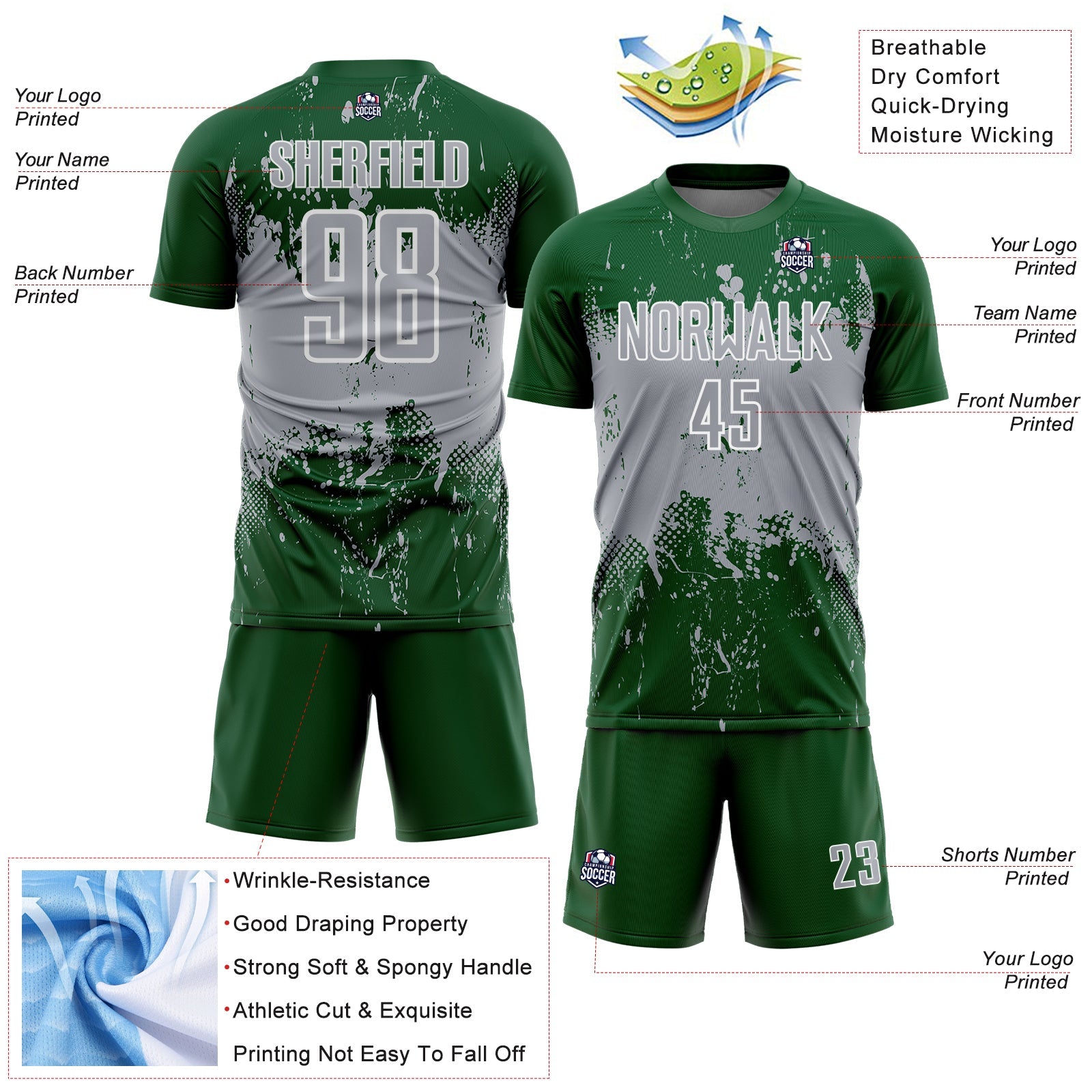 Custom Green Gray-White Abstract Splatter Grunge Art Sports Sublimation Soccer Uniform Jersey view 4