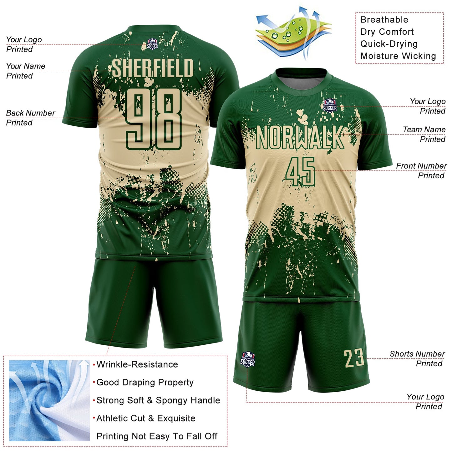 Custom Green Cream Abstract Splatter Grunge Art Sports Sublimation Soccer Uniform Jersey view 4