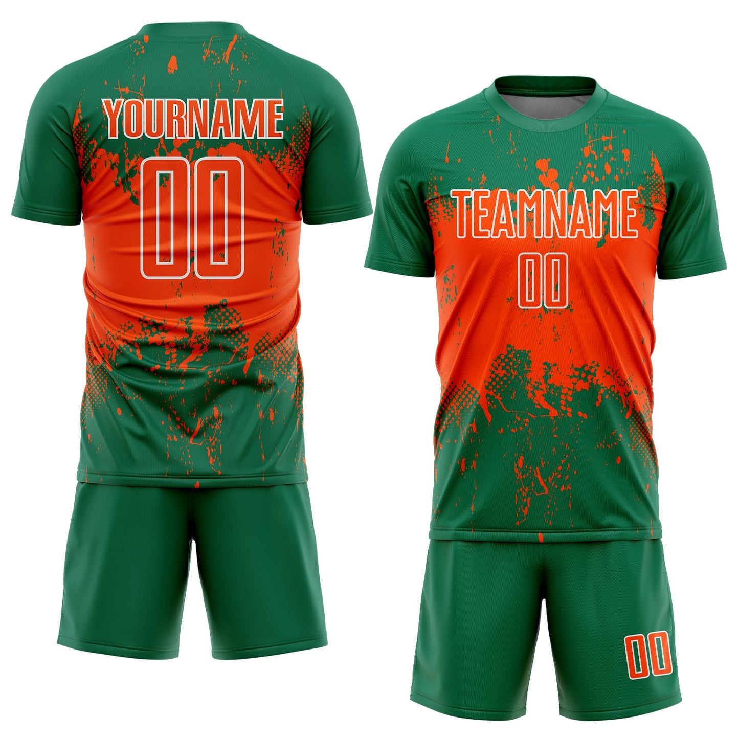 Custom Kelly Green Orange-White Abstract Splatter Grunge Art Sports Sublimation Soccer Uniform Jersey view 2