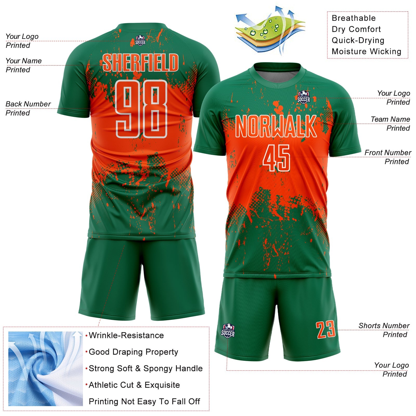 Custom Kelly Green Orange-White Abstract Splatter Grunge Art Sports Sublimation Soccer Uniform Jersey view 4