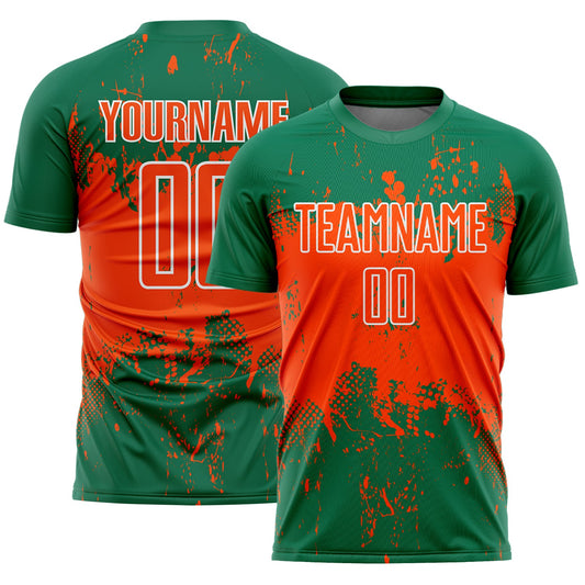 Custom Kelly Green Orange-White Abstract Splatter Grunge Art Sports Sublimation Soccer Uniform Jersey - Main View