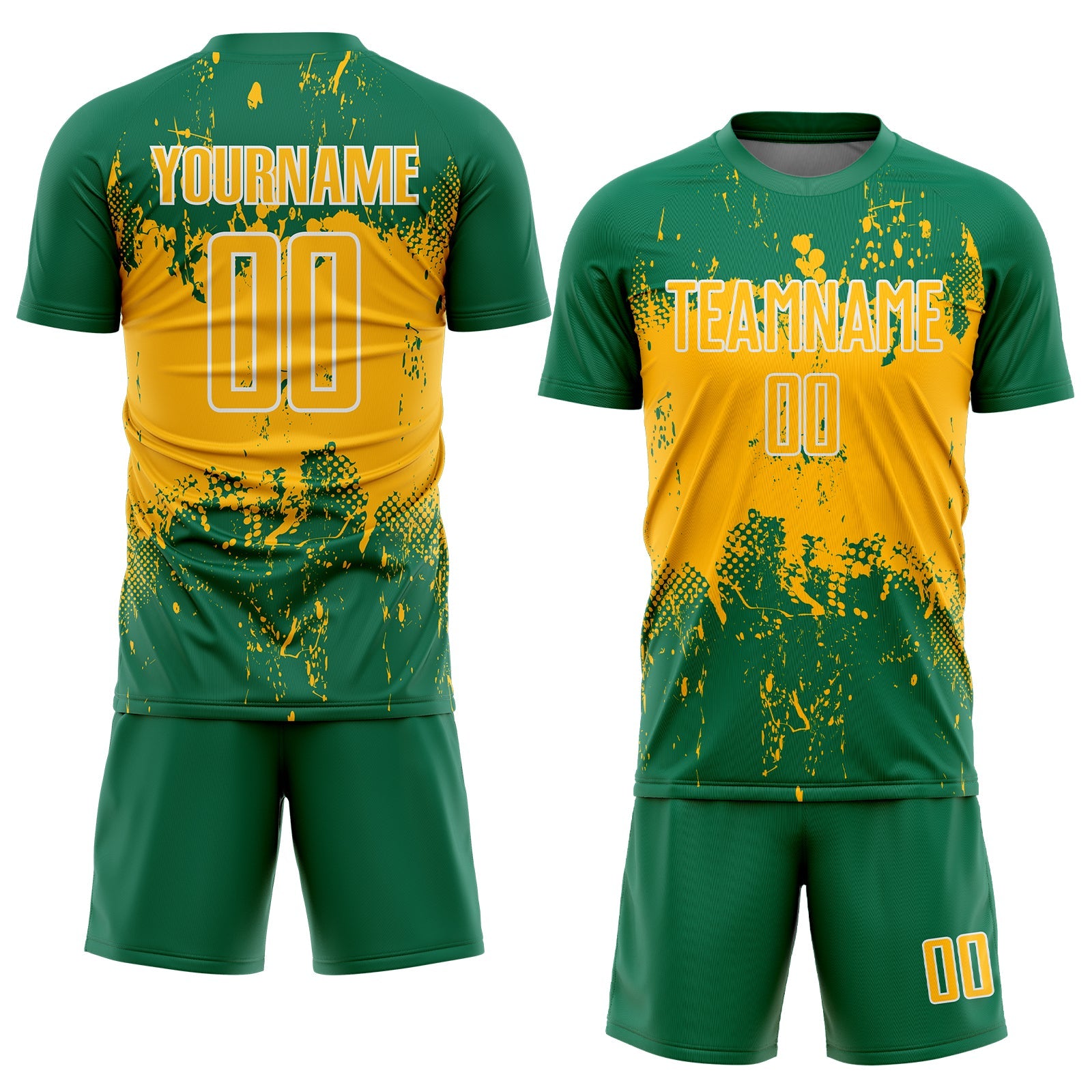 Custom Kelly Green Gold-White Abstract Splatter Grunge Art Sports Sublimation Soccer Uniform Jersey view 2