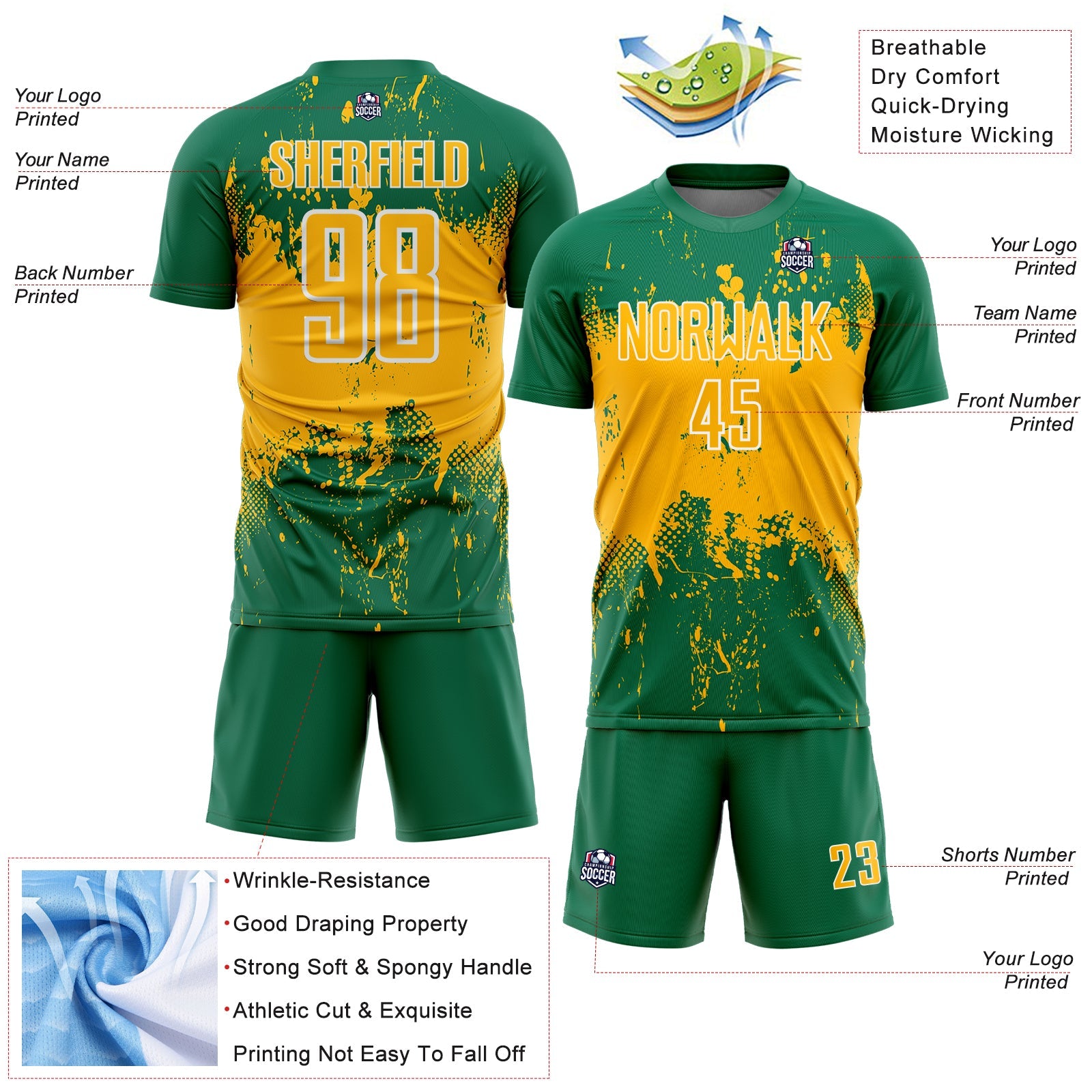 Custom Kelly Green Gold-White Abstract Splatter Grunge Art Sports Sublimation Soccer Uniform Jersey view 4
