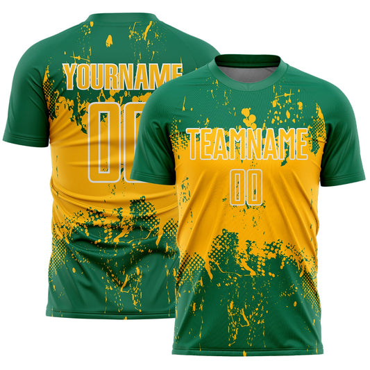 Custom Kelly Green Gold-White Abstract Splatter Grunge Art Sports Sublimation Soccer Uniform Jersey - Main View