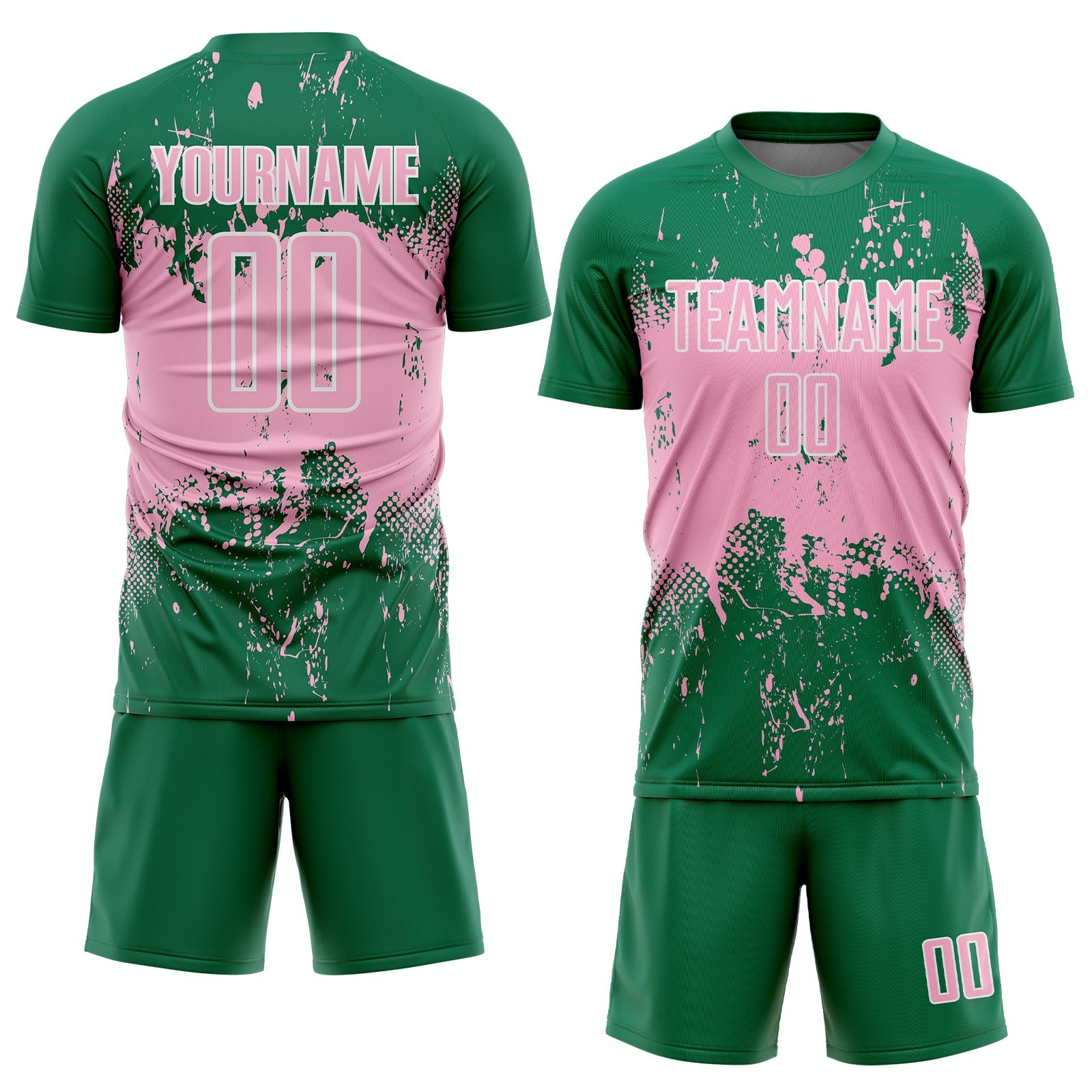 Custom Kelly Green Light Pink-White Abstract Splatter Grunge Art Sports Sublimation Soccer Uniform Jersey view 2
