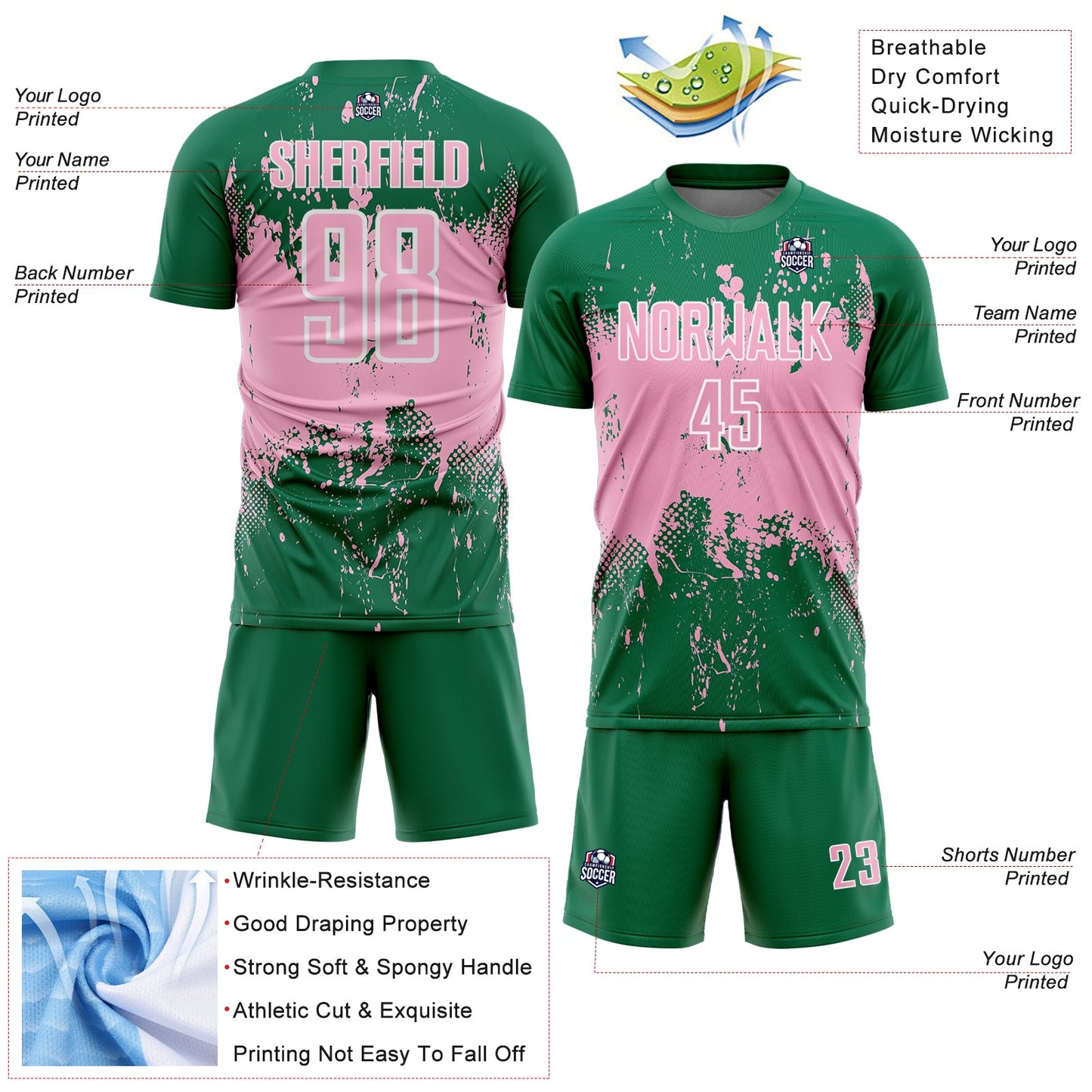 Custom Kelly Green Light Pink-White Abstract Splatter Grunge Art Sports Sublimation Soccer Uniform Jersey view 4