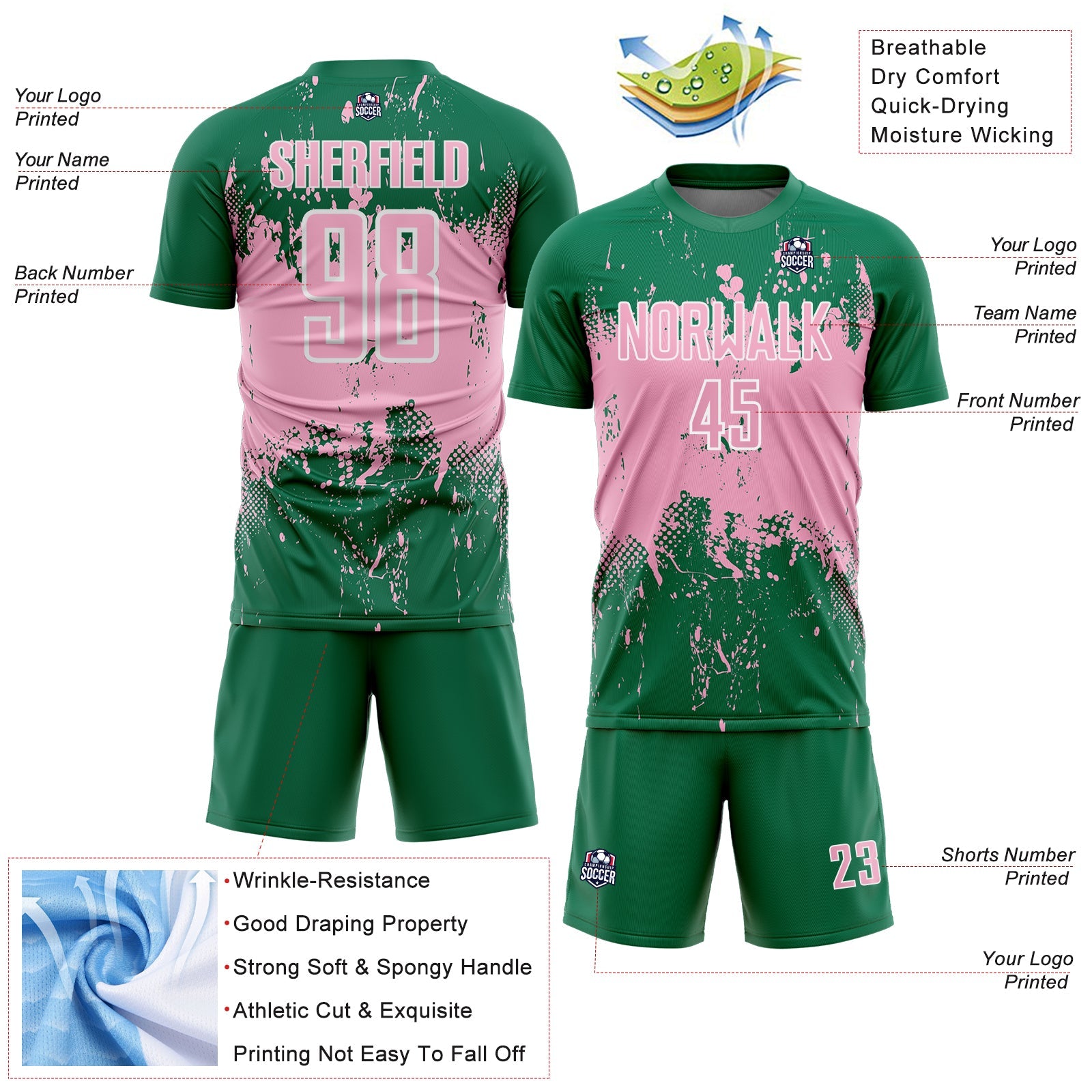Custom Kelly Green Light Pink-White Abstract Splatter Grunge Art Sports Sublimation Soccer Uniform Jersey view 4