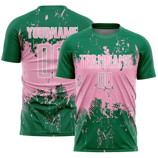 Custom Kelly Green Light Pink-White Abstract Splatter Grunge Art Sports Sublimation Soccer Uniform Jersey - Main View