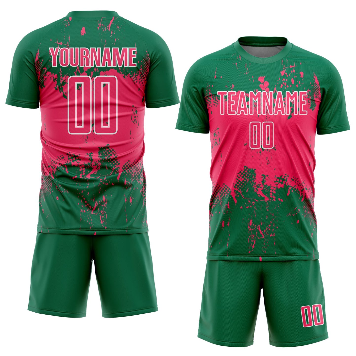 Custom Kelly Green Neon Pink-White Abstract Splatter Grunge Art Sports Sublimation Soccer Uniform Jersey view 2