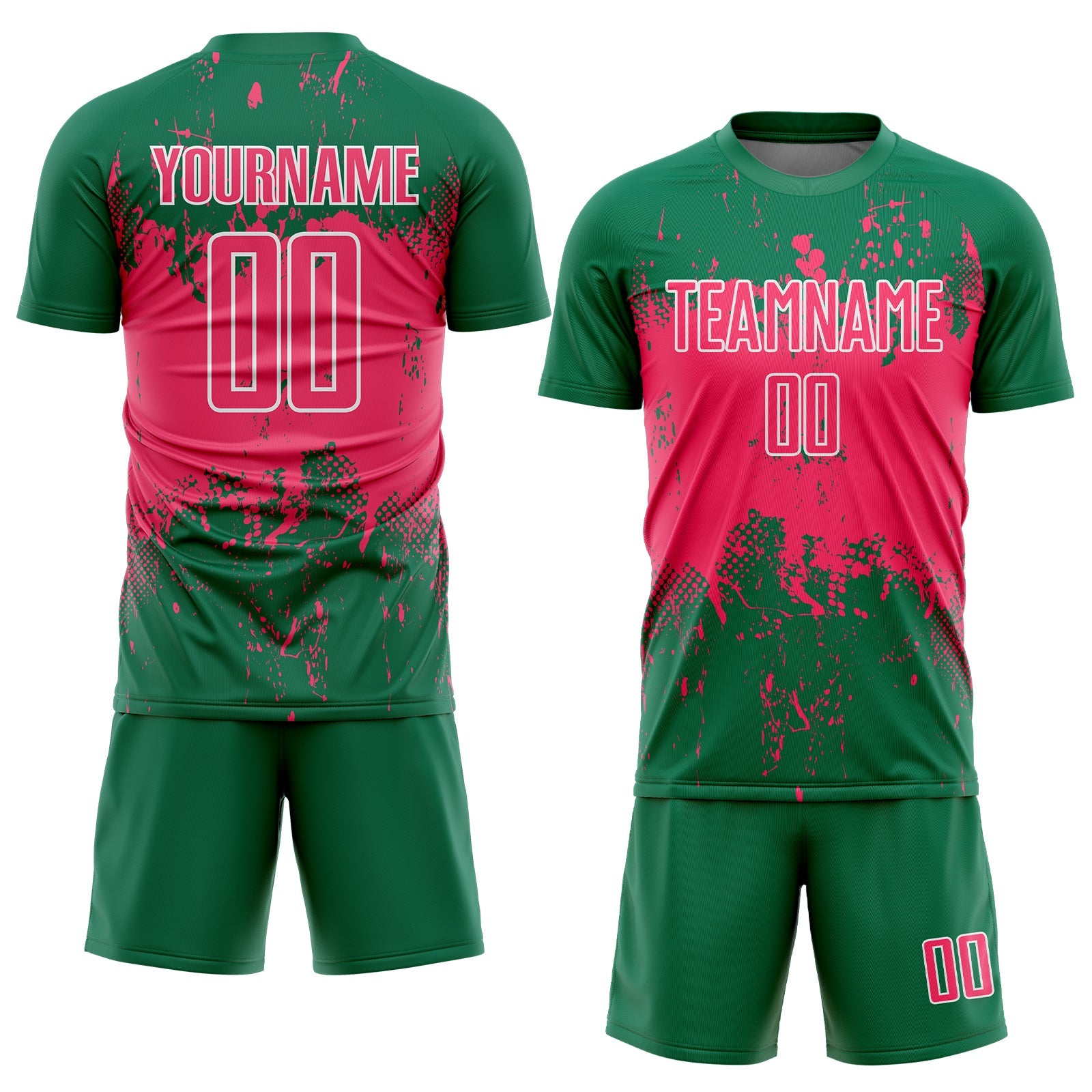Custom Kelly Green Neon Pink-White Abstract Splatter Grunge Art Sports Sublimation Soccer Uniform Jersey view 2