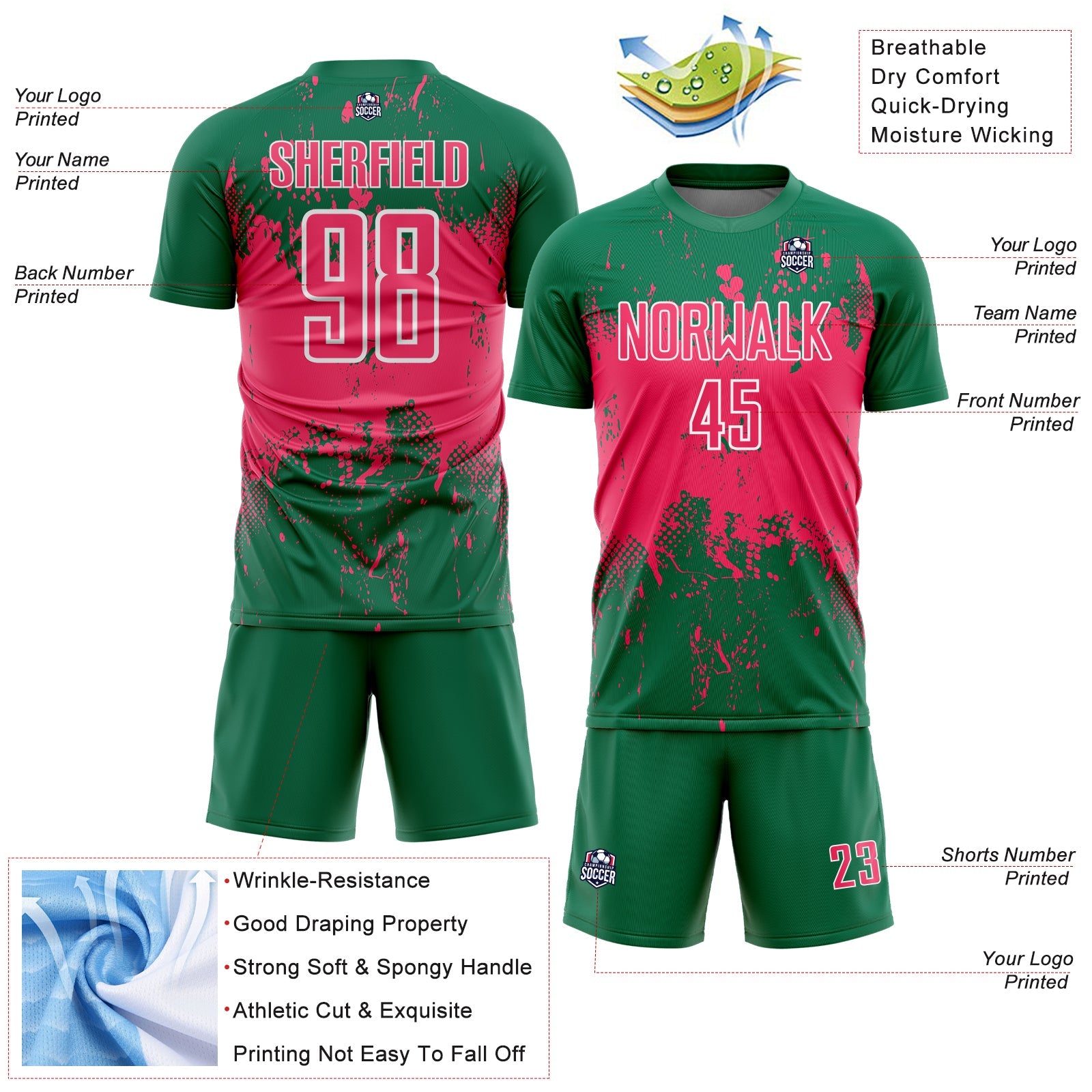 Custom Kelly Green Neon Pink-White Abstract Splatter Grunge Art Sports Sublimation Soccer Uniform Jersey view 4