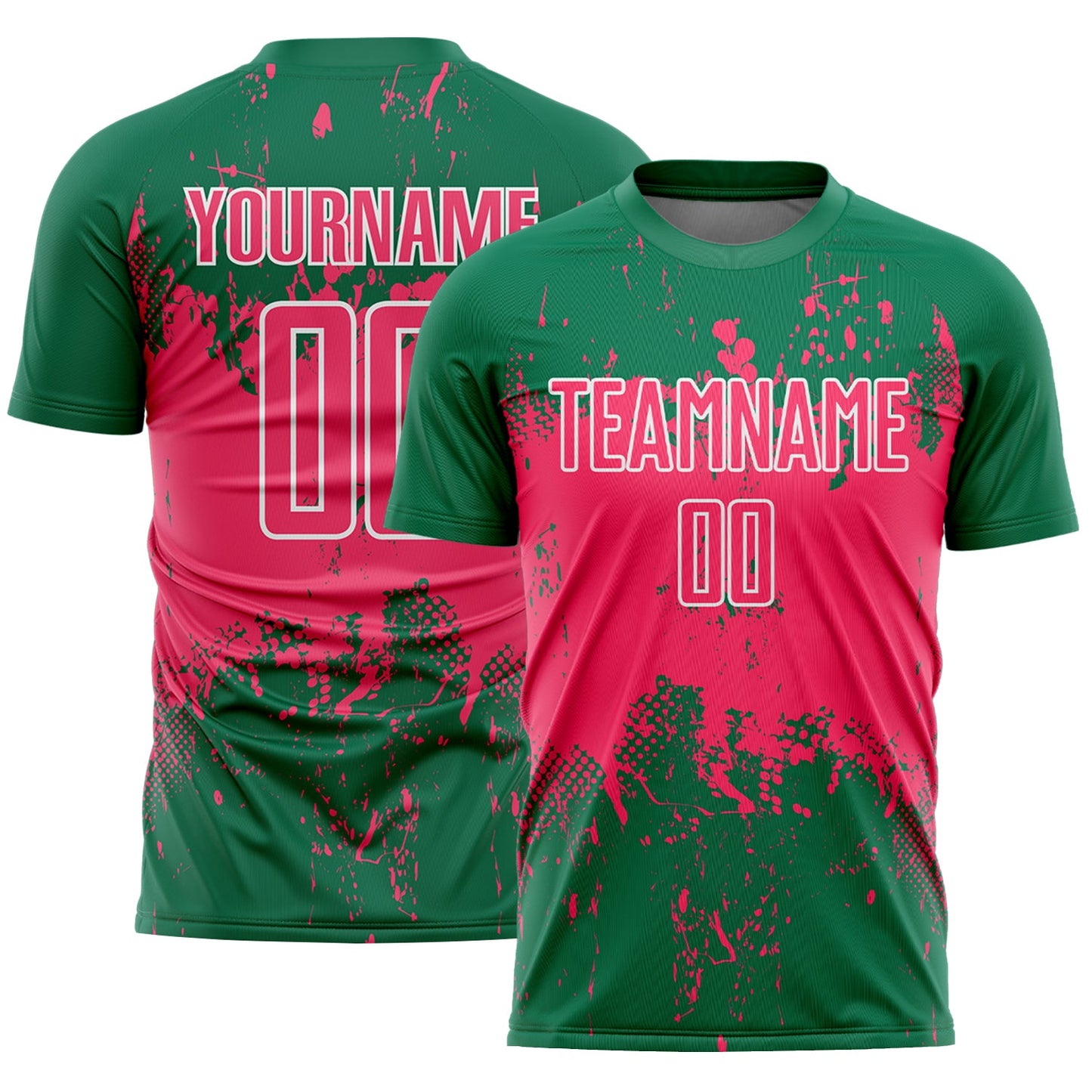Custom Kelly Green Neon Pink-White Abstract Splatter Grunge Art Sports Sublimation Soccer Uniform Jersey - Main View