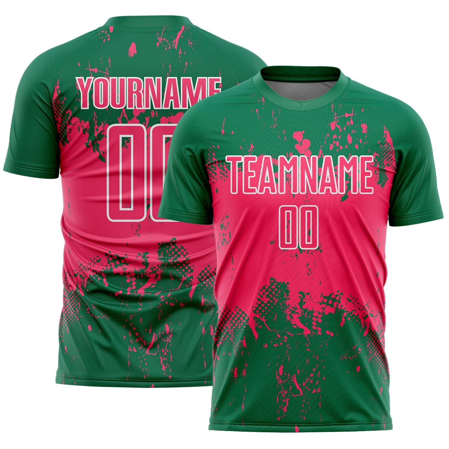 Custom Kelly Green Neon Pink-White Abstract Splatter Grunge Art Sports Sublimation Soccer Uniform Jersey - Main View