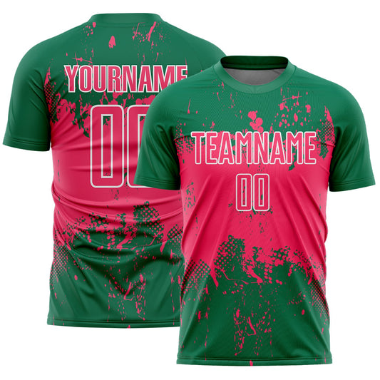 Custom Kelly Green Neon Pink-White Abstract Splatter Grunge Art Sports Sublimation Soccer Uniform Jersey - Main View