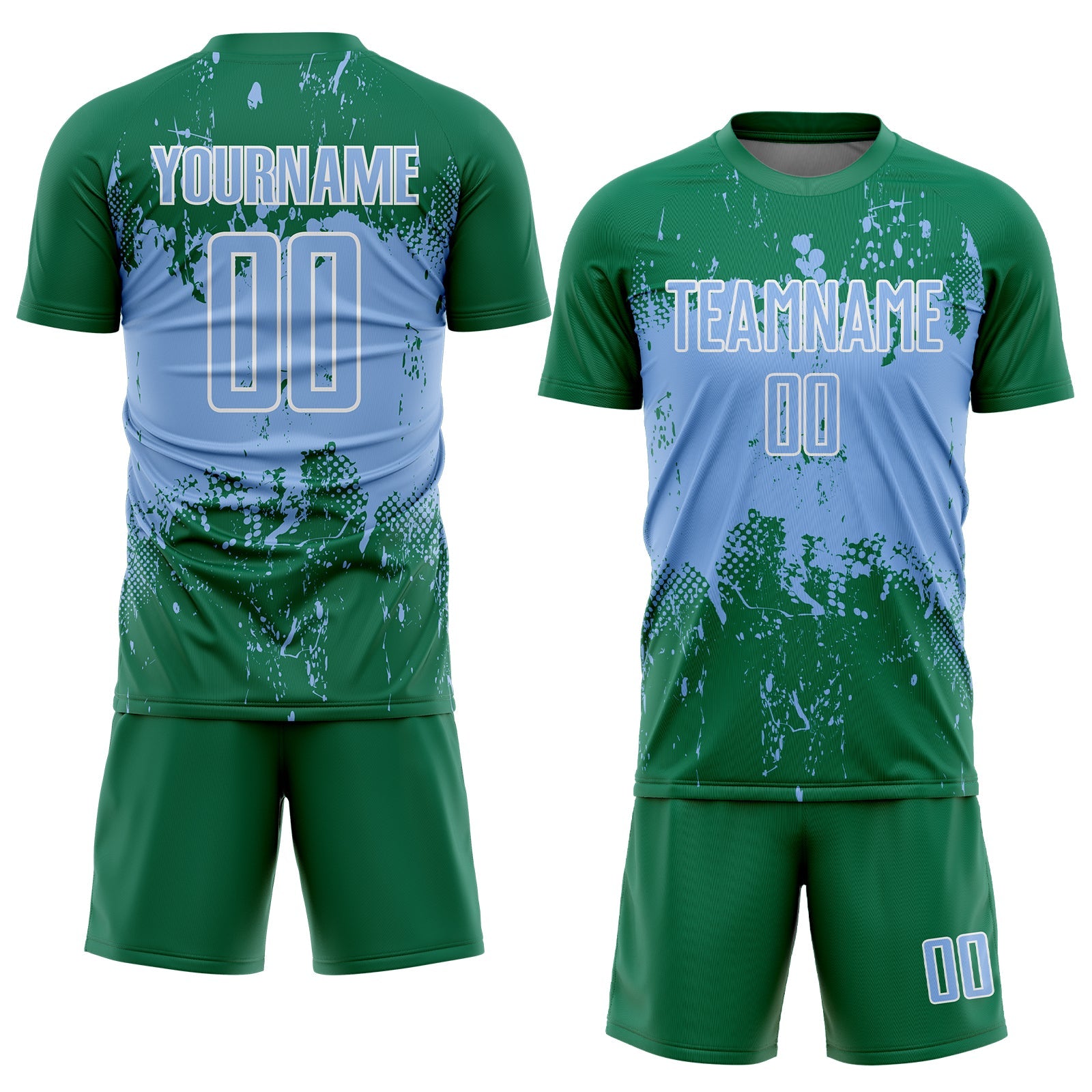 Custom Kelly Green Light Blue-White Abstract Splatter Grunge Art Sports Sublimation Soccer Uniform Jersey view 2