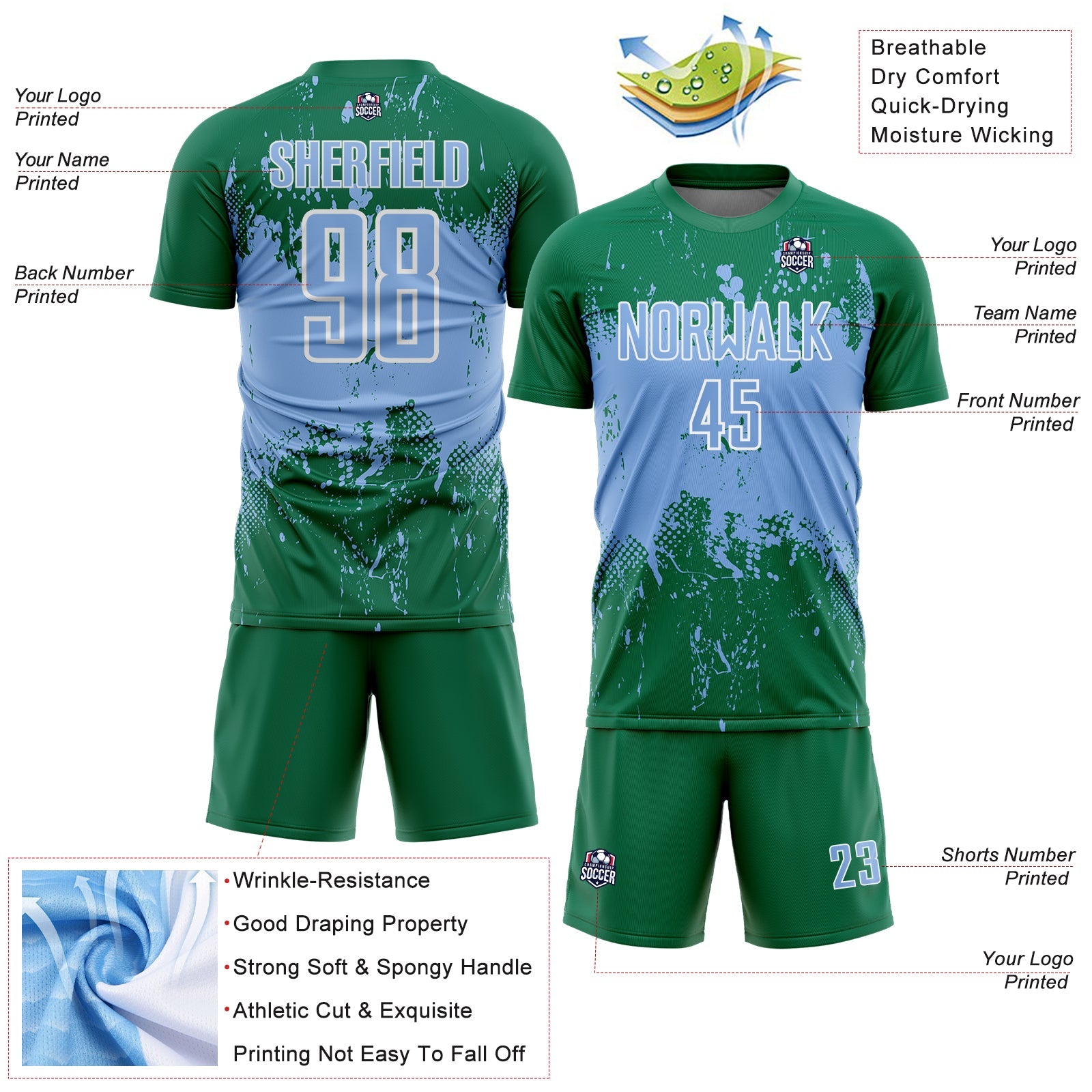 Custom Kelly Green Light Blue-White Abstract Splatter Grunge Art Sports Sublimation Soccer Uniform Jersey view 4