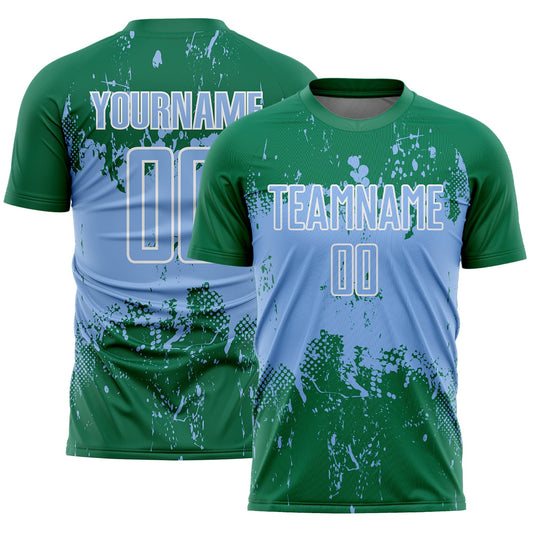 Custom Kelly Green Light Blue-White Abstract Splatter Grunge Art Sports Sublimation Soccer Uniform Jersey - Main View