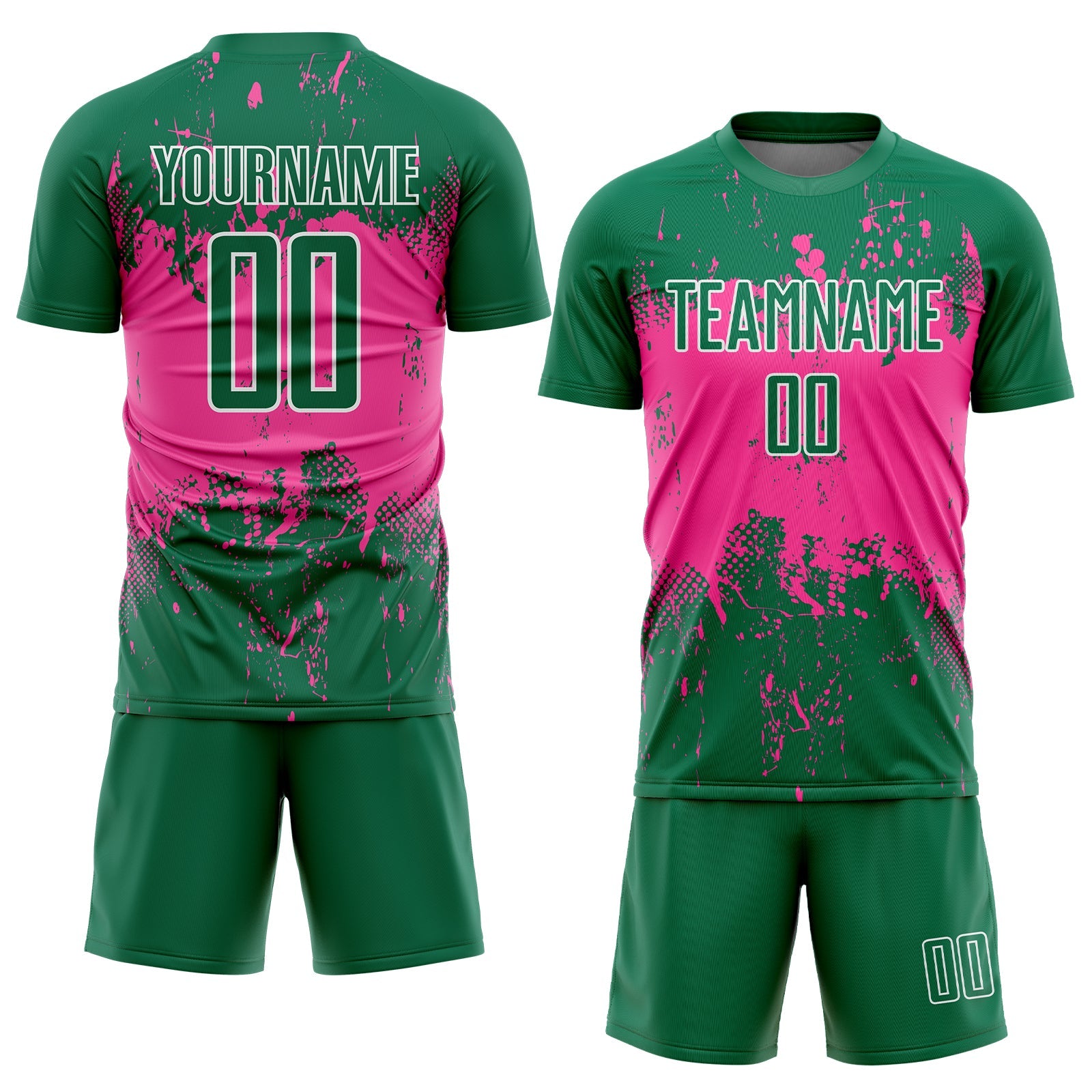 Custom Kelly Green Pink-White Abstract Splatter Grunge Art Sports Sublimation Soccer Uniform Jersey view 2
