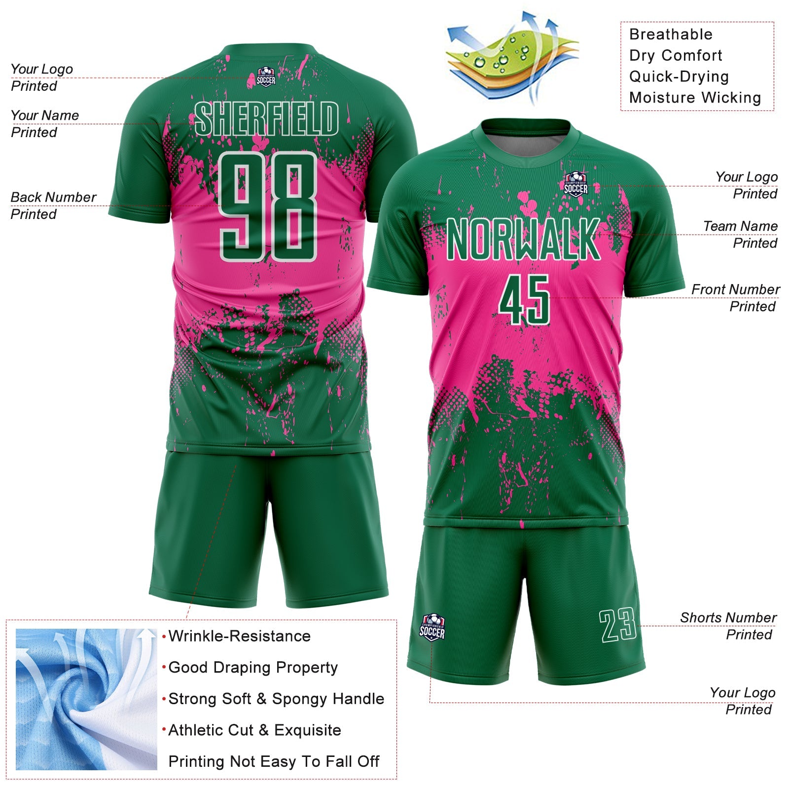 Custom Kelly Green Pink-White Abstract Splatter Grunge Art Sports Sublimation Soccer Uniform Jersey view 4