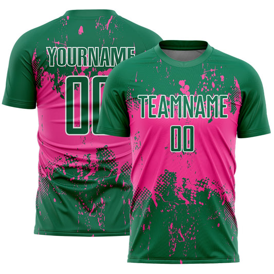 Custom Kelly Green Pink-White Abstract Splatter Grunge Art Sports Sublimation Soccer Uniform Jersey - Main View