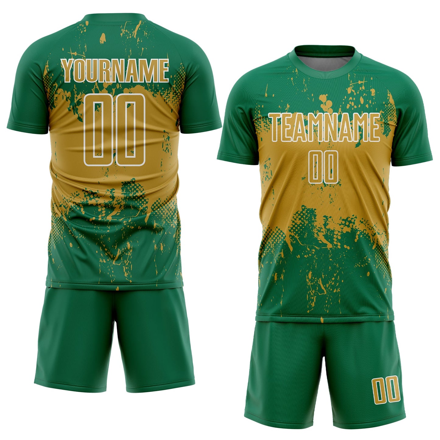 Custom Kelly Green Old Gold-White Abstract Splatter Grunge Art Sports Sublimation Soccer Uniform Jersey view 2