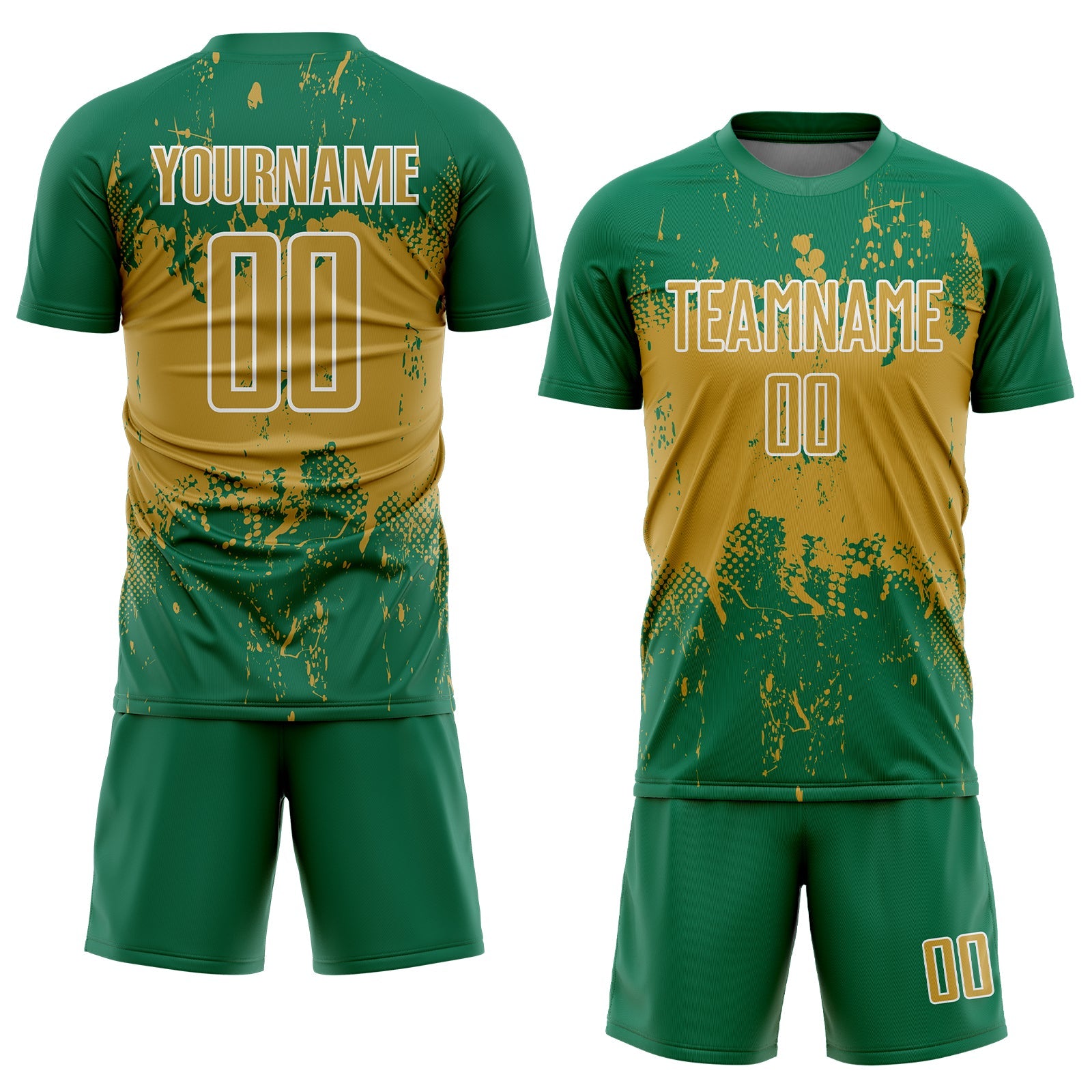 Custom Kelly Green Old Gold-White Abstract Splatter Grunge Art Sports Sublimation Soccer Uniform Jersey view 2