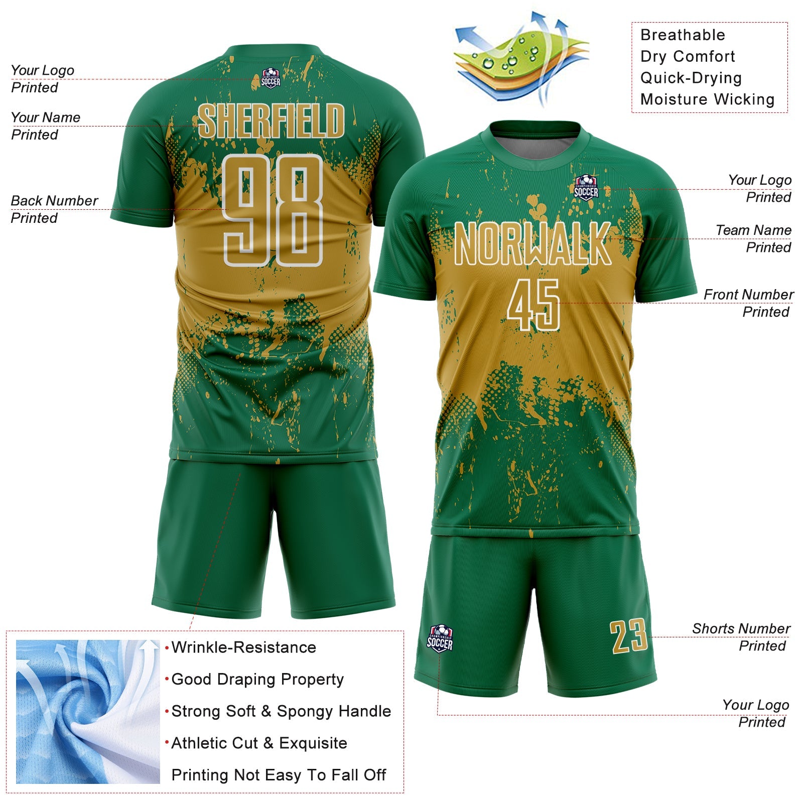 Custom Kelly Green Old Gold-White Abstract Splatter Grunge Art Sports Sublimation Soccer Uniform Jersey view 4
