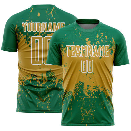 Custom Kelly Green Old Gold-White Abstract Splatter Grunge Art Sports Sublimation Soccer Uniform Jersey - Main View
