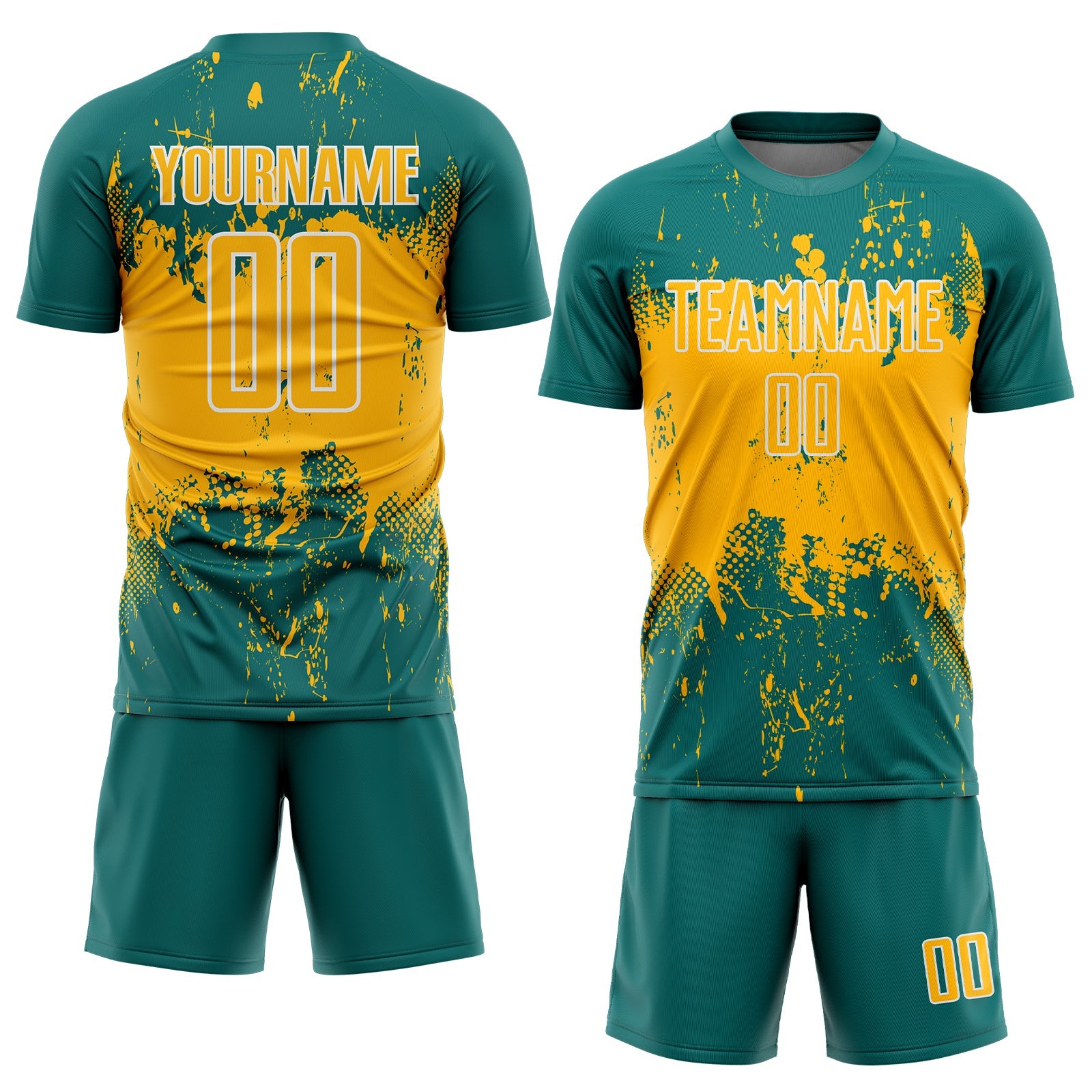 Custom Teal Gold-White Abstract Splatter Grunge Art Sports Sublimation Soccer Uniform Jersey view 2