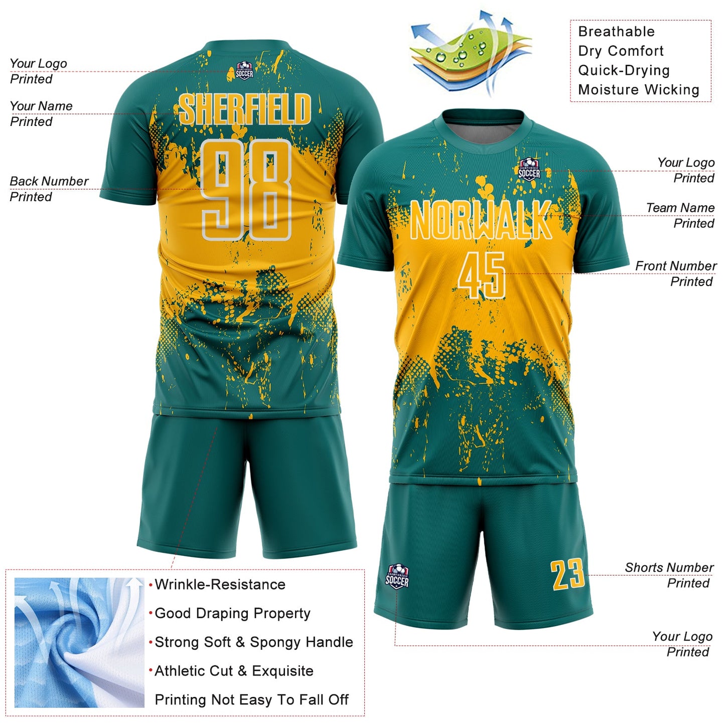 Custom Teal Gold-White Abstract Splatter Grunge Art Sports Sublimation Soccer Uniform Jersey view 4