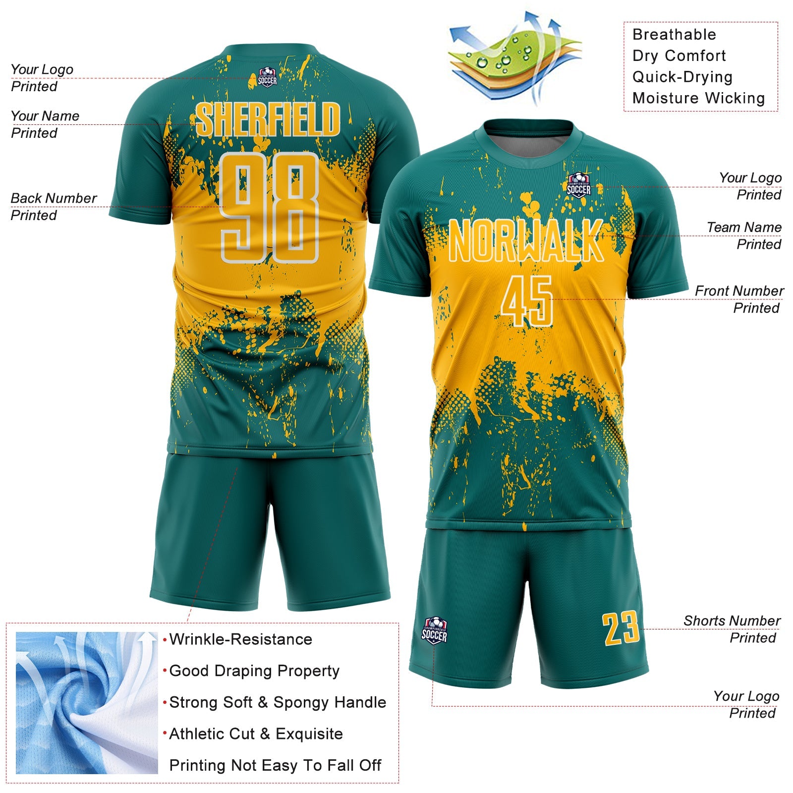 Custom Teal Gold-White Abstract Splatter Grunge Art Sports Sublimation Soccer Uniform Jersey view 4