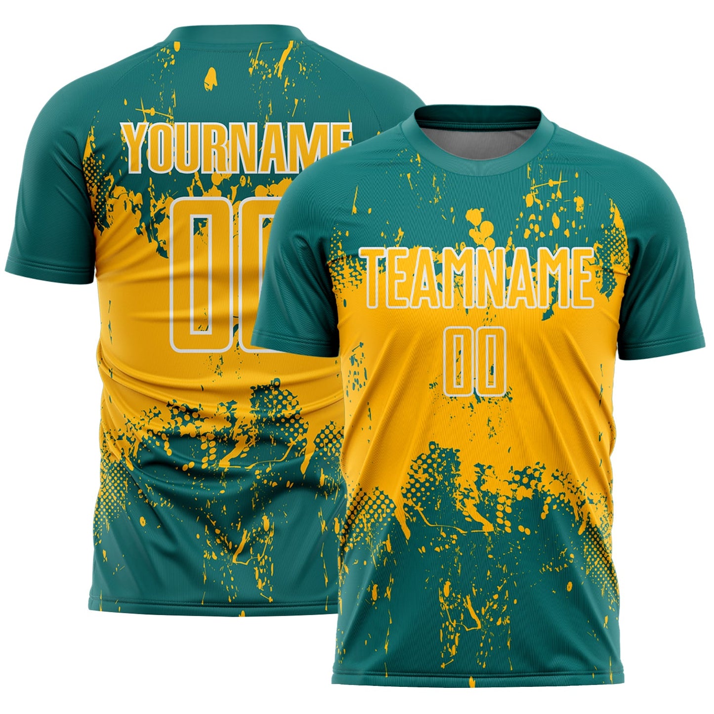 Custom Teal Gold-White Abstract Splatter Grunge Art Sports Sublimation Soccer Uniform Jersey - Main View