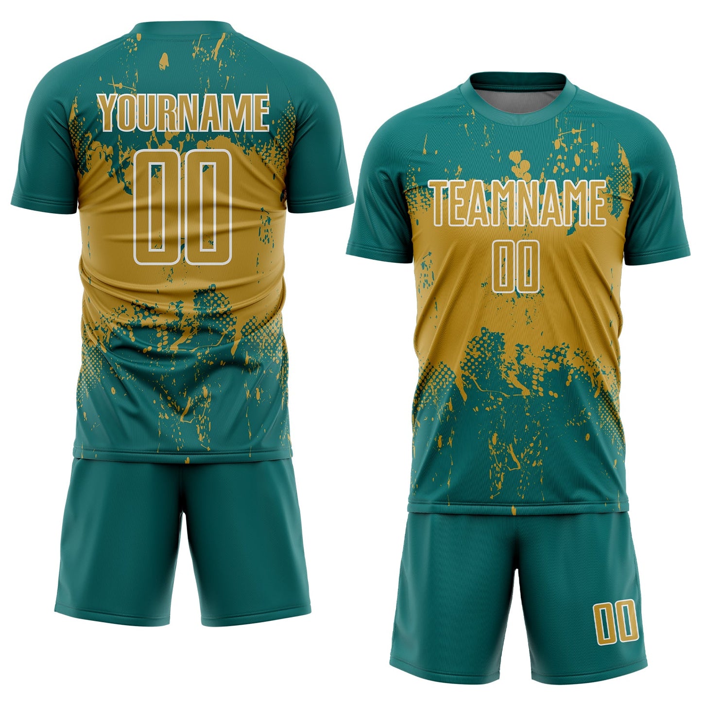 Custom Teal Old Gold-White Abstract Splatter Grunge Art Sports Sublimation Soccer Uniform Jersey view 2