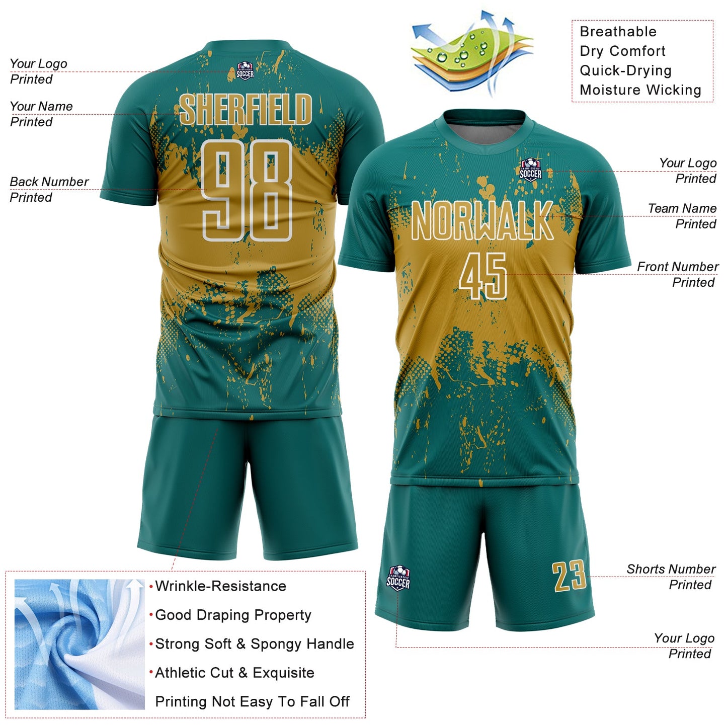 Custom Teal Old Gold-White Abstract Splatter Grunge Art Sports Sublimation Soccer Uniform Jersey view 4