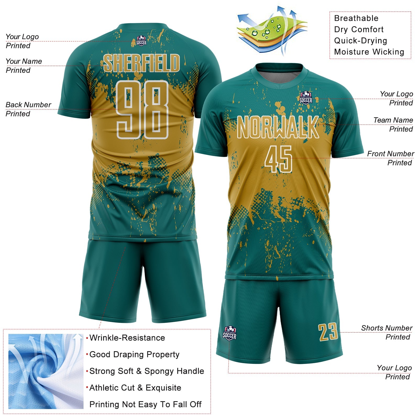 Custom Teal Old Gold-White Abstract Splatter Grunge Art Sports Sublimation Soccer Uniform Jersey view 4